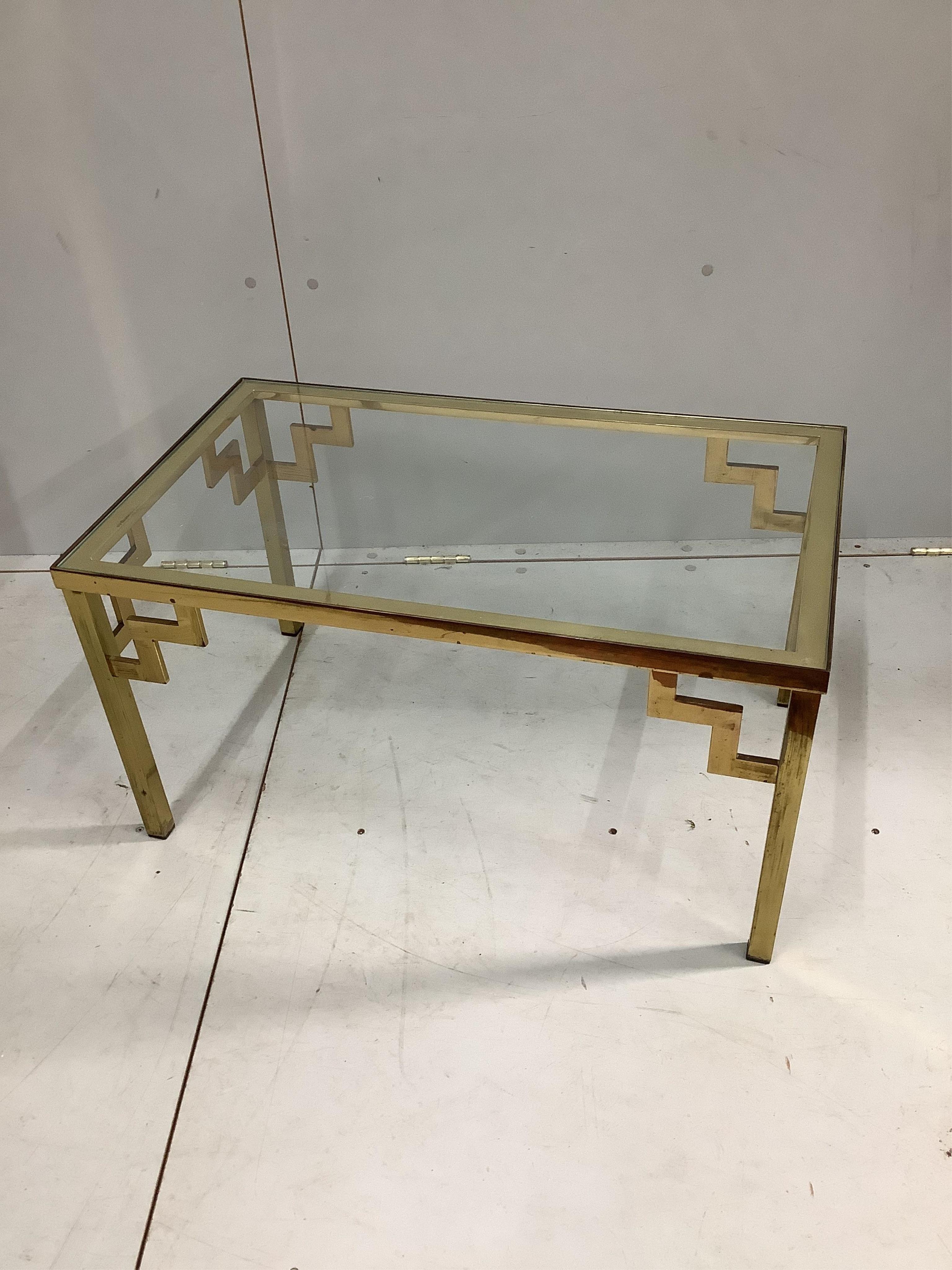 A mid century rectangular brass and clear glass top occasional table and matching tea trolley, largest width 70cm, depth 45cm, height 69cm. Condition - fair